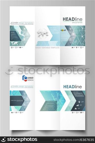The minimalistic abstract vector illustration of editable layout of two creative tri-fold brochure covers design business templates. Chemistry pattern, molecule structure, geometric design background.. The minimalistic abstract vector illustration of the editable layout of two creative tri-fold brochure covers design business templates. Chemistry pattern, molecule structure, geometric design background.