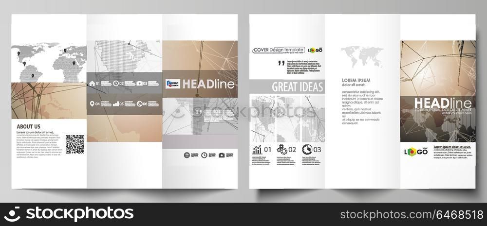 The minimalistic abstract vector illustration of editable layout of two creative tri-fold brochure covers design business templates. Global network connections, technology background with world map.. The minimalistic abstract vector illustration of the editable layout of two creative tri-fold brochure covers design business templates. Global network connections, technology background with world map.