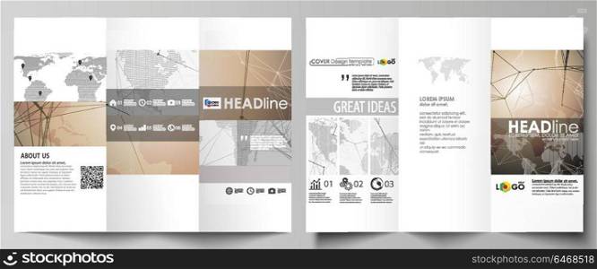 The minimalistic abstract vector illustration of editable layout of two creative tri-fold brochure covers design business templates. Global network connections, technology background with world map.. The minimalistic abstract vector illustration of the editable layout of two creative tri-fold brochure covers design business templates. Global network connections, technology background with world map.