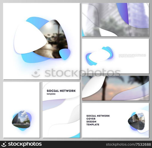 The minimalistic abstract vector illustration of editable layouts of modern social network mockups in popular formats. Blue color gradient abstract dynamic shapes, colorful geometric template design. The minimalistic abstract vector illustration of editable layouts of modern social network mockups in popular formats. Blue color gradient abstract dynamic shapes, colorful geometric template design.