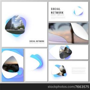 The minimalistic abstract vector illustration of editable layouts of modern social network mockups in popular formats. Blue color gradient abstract dynamic shapes, colorful geometric template design. The minimalistic abstract vector illustration of editable layouts of modern social network mockups in popular formats. Blue color gradient abstract dynamic shapes, colorful geometric template design.