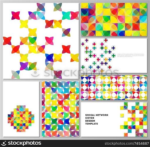The minimalistic abstract vector illustration of layouts of modern social network mockups in popular formats. Abstract background, geometric mosaic pattern with bright circles, geometric shapes. The minimalistic abstract vector illustration of layouts of modern social network mockups in popular formats. Abstract background, geometric mosaic pattern with bright circles, geometric shapes.