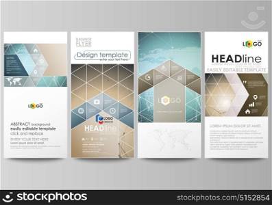The minimalistic abstract vector illustration of the editable layout of four modern vertical banners, flyers design business templates. Chemistry pattern with molecule structure. Medical DNA research.. The minimalistic abstract vector illustration of the editable layout of four modern vertical banners, flyers design business templates. Chemistry pattern with molecule structure. Medical DNA research