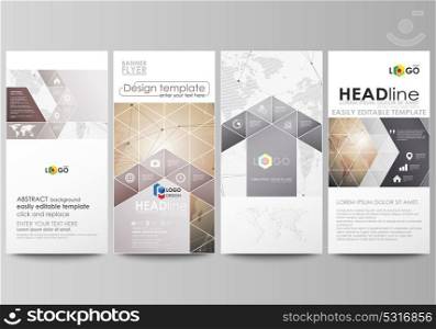 The minimalistic abstract vector illustration of the editable layout of four modern vertical banners, flyers design business templates. Global network connections, technology background with world map. The minimalistic abstract vector illustration of the editable layout of four modern vertical banners, flyers design business templates. Global network connections, technology background with world map.