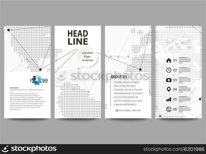 The minimalistic abstract vector illustration of the editable layout of four modern vertical banners, flyers design business templates. World globe on blue. Global network connections, lines and dots.. The minimalistic abstract vector illustration of the editable layout of four modern vertical banners, flyers design business templates. World globe on blue. Global network connections, lines and dots
