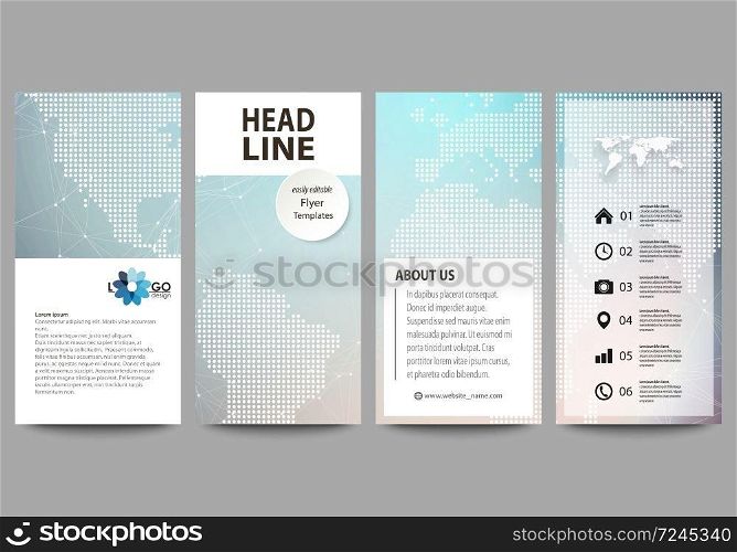 The minimalistic abstract vector illustration of the editable layout of four modern vertical banners, flyers design business templates. Polygonal geometric linear texture. Global network, dig data concept.. The minimalistic abstract vector illustration of editable layout of four modern vertical banners, flyers design business templates. Polygonal geometric linear texture. Global network, dig data concept