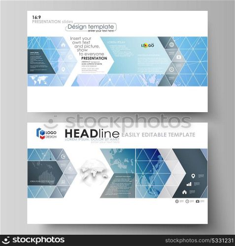 The minimalistic abstract vector illustration of the editable layout of high definition presentation slides design business templates. World map on blue, geometric technology design, polygonal texture. The minimalistic abstract vector illustration of the editable layout of high definition presentation slides design business templates. World map on blue, geometric technology design, polygonal texture.