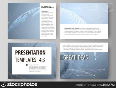 The minimalistic abstract vector illustration of the editable layout of the presentation slides design business templates. World globe on blue. Global network connections, lines and dots.. The minimalistic abstract vector illustration of the editable layout of the presentation slides design business templates. World globe on blue. Global network connections, lines and dots