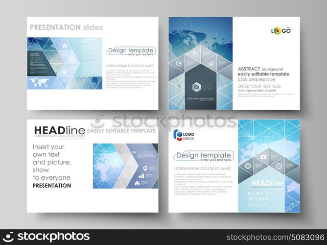 The minimalistic abstract vector illustration of the editable layout of the presentation slides design business templates. World map on blue, geometric technology design, polygonal texture.. The minimalistic abstract vector illustration of the editable layout of the presentation slides design business templates. World map on blue, geometric technology design, polygonal texture