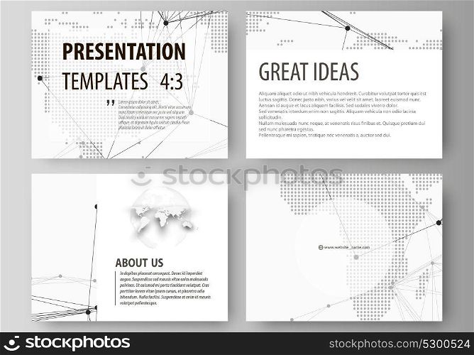 The minimalistic abstract vector illustration of the editable layout of the presentation slides design business templates. World globe on blue. Global network connections, lines and dots.. The minimalistic abstract vector illustration of the editable layout of the presentation slides design business templates. World globe on blue. Global network connections, lines and dots