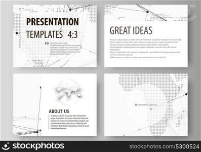 The minimalistic abstract vector illustration of the editable layout of the presentation slides design business templates. World globe on blue. Global network connections, lines and dots.. The minimalistic abstract vector illustration of the editable layout of the presentation slides design business templates. World globe on blue. Global network connections, lines and dots