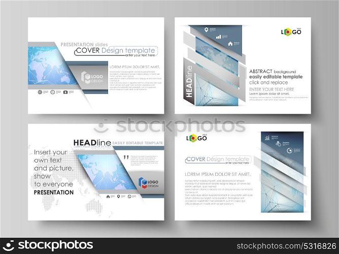 The minimalistic abstract vector illustration of the editable layout of the presentation slides design business templates. World map on blue, geometric technology design, polygonal texture.. The minimalistic abstract vector illustration of the editable layout of the presentation slides design business templates. World map on blue, geometric technology design, polygonal texture