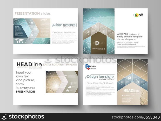 The minimalistic abstract vector illustration of the editable layout of the presentation slides design business templates. Chemistry pattern with molecule structure. Medical DNA research. The minimalistic abstract vector illustration of the editable layout of the presentation slides design business templates. Chemistry pattern with molecule structure. Medical DNA research.