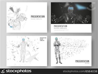 The minimalistic abstract vector illustration of the editable layout of the presentation slides design business templates. Man with glasses of virtual reality. Abstract vr, future technology concept. The minimalistic abstract vector illustration of the editable layout of the presentation slides design business templates. Man with glasses of virtual reality. Abstract vr, future technology concept.