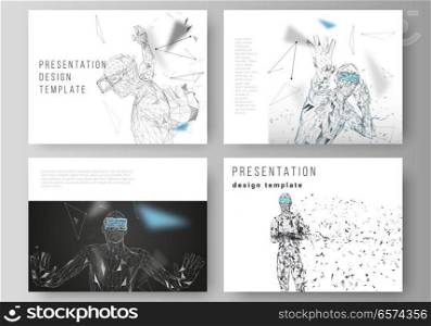 The minimalistic abstract vector illustration of the editable layout of the presentation slides design business templates. Man with glasses of virtual reality. Abstract vr, future technology concept. The minimalistic abstract vector illustration of the editable layout of the presentation slides design business templates. Man with glasses of virtual reality. Abstract vr, future technology concept.