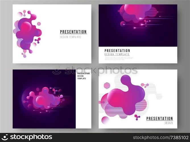 The minimalistic abstract vector illustration of the editable layout of the presentation slides design business templates. Black background with fluid gradient, liquid pink colored geometric element. The minimalistic abstract vector illustration of the editable layout of the presentation slides design business templates. Black background with fluid gradient, liquid pink colored geometric element.