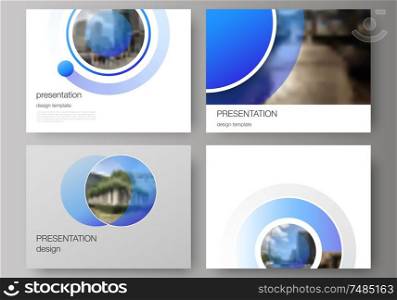 The minimalistic abstract vector illustration of the editable layout of the presentation slides design business templates. Creative modern blue background with circles and round shapes. The minimalistic abstract vector illustration of the editable layout of the presentation slides design business templates. Creative modern blue background with circles and round shapes.