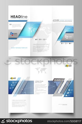 The minimalistic abstract vector illustration of the editable layout of two creative tri-fold brochure covers design business templates. Abstract global design. Chemistry pattern, molecule structure.. The minimalistic abstract vector illustration of the editable layout of two creative tri-fold brochure covers design business templates. Abstract global design. Chemistry pattern, molecule structure