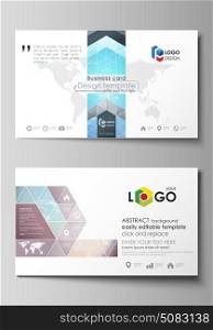 The minimalistic abstract vector illustration of the editable layout of two creative business cards design templates. Molecule structure. Science, technology concept. Polygonal design.. The minimalistic abstract vector illustration of the editable layout of two creative business cards design templates. Molecule structure. Science, technology concept. Polygonal design