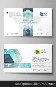 The minimalistic abstract vector illustration of the editable layout of two creative business cards design templates. Chemistry pattern, molecule structure, geometric design background.. The minimalistic abstract vector illustration of the editable layout of two creative business cards design templates. Chemistry pattern, molecule structure, geometric design background