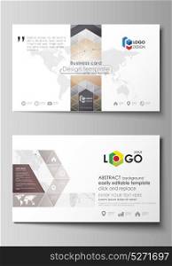 The minimalistic abstract vector illustration of the editable layout of two creative business cards design templates. Global network connections, technology background with world map.. The minimalistic abstract vector illustration of the editable layout of two creative business cards design templates. Global network connections, technology background with world map