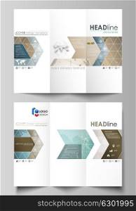 The minimalistic abstract vector illustration of the editable layout of two creative tri-fold brochure covers design business templates. Chemistry pattern with molecule structure. Medical DNA research. The minimalistic abstract vector illustration of editable layout of two creative tri-fold brochure covers design business templates. Chemistry pattern with molecule structure. Medical DNA research.