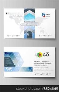 The minimalistic abstract vector illustration of the editable layout of two creative business cards design templates. World map on blue, geometric technology design, polygonal texture.. The minimalistic abstract vector illustration of the editable layout of two creative business cards design templates. World map on blue, geometric technology design, polygonal texture