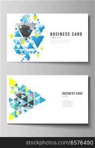 The minimalistic abstract vector illustration of the editable layout of two creative business cards design templates. Blue color polygonal background with triangles, colorful mosaic pattern. The minimalistic abstract vector illustration of the editable layout of two creative business cards design templates. Blue color polygonal background with triangles, colorful mosaic pattern.