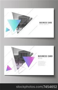 The minimalistic abstract vector illustration of the editable layout of two creative business cards design templates. Colorful polygonal background with triangles with modern memphis pattern. The minimalistic abstract vector illustration of the editable layout of two creative business cards design templates. Colorful polygonal background with triangles with modern memphis pattern.