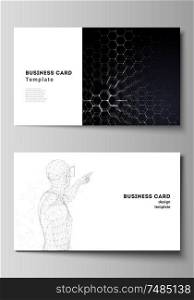 The minimalistic abstract vector illustration of the editable layout of two creative business cards design templates. Technology, science, future concept abstract futuristic backgrounds. The minimalistic abstract vector illustration of the editable layout of two creative business cards design templates. Technology, science, future concept abstract futuristic backgrounds.