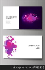 The minimalistic abstract vector illustration of the editable layout of two creative business cards design templates. Black background with fluid gradient, liquid pink colored geometric element. The minimalistic abstract vector illustration of the editable layout of two creative business cards design templates. Black background with fluid gradient, liquid pink colored geometric element.