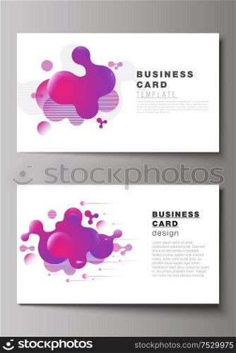 The minimalistic abstract vector illustration of the editable layout of two creative business cards design templates. Background with fluid gradient, liquid pink colored geometric element. The minimalistic abstract vector illustration of the editable layout of two creative business cards design templates. Background with fluid gradient, liquid pink colored geometric element.