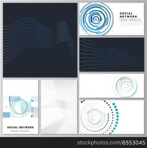 The minimalistic abstract vector illustration of the editable layouts of modern social network mockups in popular formats with simple geometric background made from dots, circles, rectangles. The minimalistic abstract vector illustration of the editable layouts of modern social network mockups in popular formats with simple geometric background made from dots, circles, rectangles.