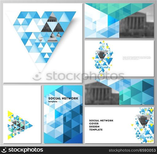 The minimalistic abstract vector illustration of the editable layouts of modern social network mockups in popular formats. Blue color polygonal background with triangles, colorful mosaic pattern. The minimalistic abstract vector illustration of the editable layouts of modern social network mockups in popular formats. Blue color polygonal background with triangles, colorful mosaic pattern.