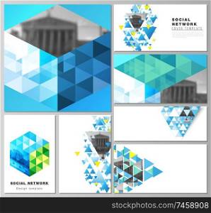 The minimalistic abstract vector illustration of the editable layouts of modern social network mockups in popular formats. Blue color polygonal background with triangles, colorful mosaic pattern. The minimalistic abstract vector illustration of the editable layouts of modern social network mockups in popular formats. Blue color polygonal background with triangles, colorful mosaic pattern.