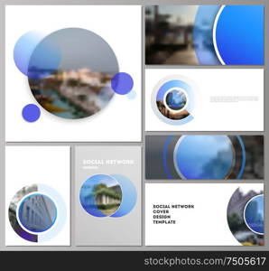 The minimalistic abstract vector illustration of the editable layouts of modern social network mockups in popular formats. Creative modern blue background with circles and round shapes. The minimalistic abstract vector illustration of the editable layouts of modern social network mockups in popular formats. Creative modern blue background with circles and round shapes.