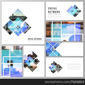 The minimalistic abstract vector illustration of the editable layouts of modern social network mockups in popular formats. Creative trendy style mockups, blue color trendy design backgrounds. The minimalistic abstract vector illustration of the editable layouts of modern social network mockups in popular formats. Creative trendy style mockups, blue color trendy design backgrounds.