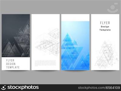 The minimalistic abstract vector layout of four modern vertical banners, flyers design business templates. Polygonal background with triangles, connecting dots and lines. Connection structure.. The minimalistic abstract editable vector layout of four modern vertical banners, flyers design business templates. Polygonal background with triangles, connecting dots and lines. Connection structure