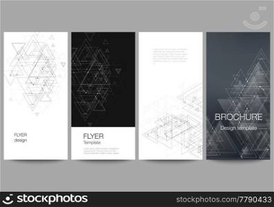 The minimalistic abstract vector layout of four modern vertical banners, flyers design business templates. Polygonal background with triangles, connecting dots and lines. Connection structure.. The minimalistic abstract editable vector layout of four modern vertical banners, flyers design business templates. Polygonal background with triangles, connecting dots and lines. Connection structure