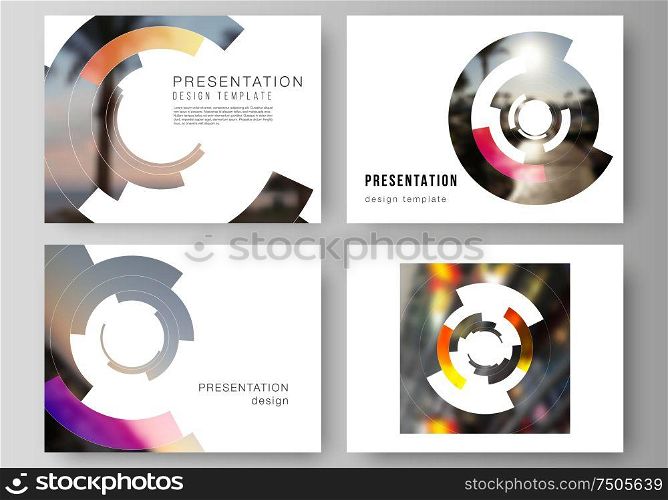 The minimalistic abstract vector layout of the presentation slides design business templates. Futuristic design circular pattern, circle elements forming geometric frame for photo. The minimalistic abstract vector layout of the presentation slides design business templates. Futuristic design circular pattern, circle elements forming geometric frame for photo.