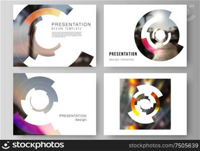 The minimalistic abstract vector layout of the presentation slides design business templates. Futuristic design circular pattern, circle elements forming geometric frame for photo. The minimalistic abstract vector layout of the presentation slides design business templates. Futuristic design circular pattern, circle elements forming geometric frame for photo.