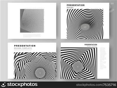The minimalistic abstract vector layout of the presentation slides design business templates. Abstract 3D geometrical background with optical illusion black and white design pattern. The minimalistic abstract vector layout of the presentation slides design business templates. Abstract 3D geometrical background with optical illusion black and white design pattern.