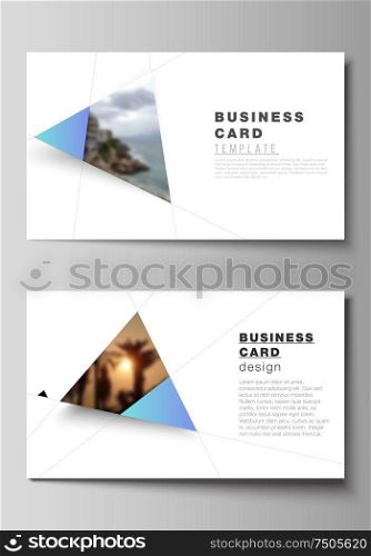 The minimalistic abstract vector layout of two creative business cards design templates. Creative modern background with blue triangles and triangular shapes. Simple design decoration. The minimalistic abstract vector layout of two creative business cards design templates. Creative modern background with blue triangles and triangular shapes. Simple design decoration.