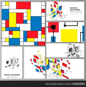 The minimalistic abstract vector layouts of modern social network mockups in popular formats. Abstract polygonal background, colorful mosaic pattern, retro bauhaus de stijl design. The minimalistic abstract vector layouts of modern social network mockups in popular formats. Abstract polygonal background, colorful mosaic pattern, retro bauhaus de stijl design.