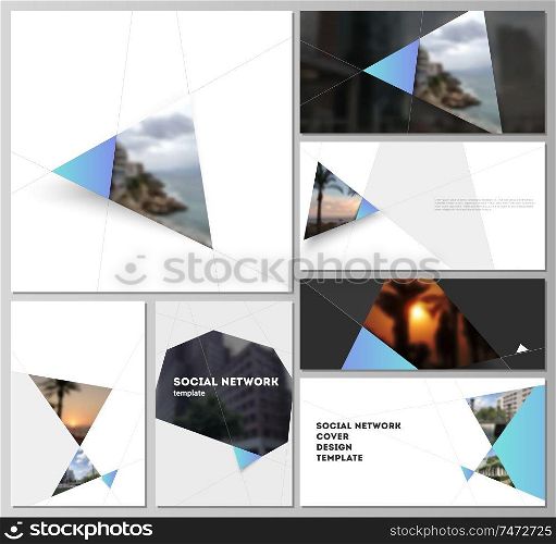 The minimalistic abstract vector layouts of modern social network mockups in popular formats. Creative modern background with blue triangles and triangular shapes. Simple design decoration. The minimalistic abstract vector layouts of modern social network mockups in popular formats. Creative modern background with blue triangles and triangular shapes. Simple design decoration.