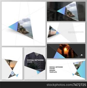 The minimalistic abstract vector layouts of modern social network mockups in popular formats. Creative modern background with blue triangles and triangular shapes. Simple design decoration. The minimalistic abstract vector layouts of modern social network mockups in popular formats. Creative modern background with blue triangles and triangular shapes. Simple design decoration.