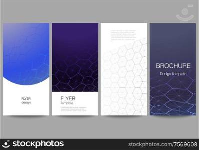 The minimalistic vector illustration layout of flyer, banner design templates. Digital technology and big data concept with hexagons, connecting dots and lines, polygonal science medical background. The minimalistic vector illustration layout of flyer, banner design templates. Digital technology and big data concept with hexagons, connecting dots and lines, polygonal science medical background.