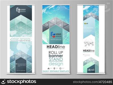 The minimalistic vector illustration of editable layout of roll up banner stands, vertical flyers, flags design business templates. Chemistry pattern, molecule structure, geometric design background.. The minimalistic vector illustration of the editable layout of roll up banner stands, vertical flyers, flags design business templates. Chemistry pattern, molecule structure, geometric design background.
