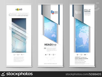 The minimalistic vector illustration of editable layout of roll up banner stands, vertical flyers, flags design business templates. World map on blue, geometric technology design, polygonal texture.. The minimalistic vector illustration of the editable layout of roll up banner stands, vertical flyers, flags design business templates. World map on blue, geometric technology design, polygonal texture.