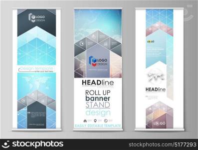 The minimalistic vector illustration of editable layout of roll up banner stands, vertical flyers, flags design business templates. Molecule structure. Science, technology concept. Polygonal design.. The minimalistic vector illustration of editable layout of roll up banner stands, vertical flyers, flags design business templates. Molecule structure. Science, technology concept. Polygonal design
